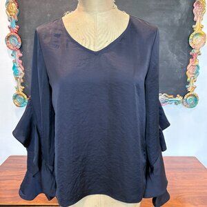 Navy Blue Satin Ruffle Sleeve Top By Ariat Size Small